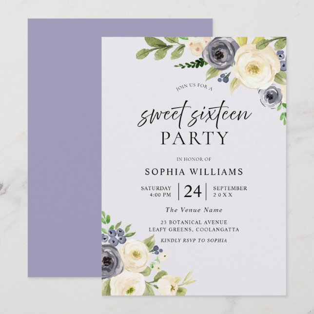 Dusty Blue Floral Navy Sweet 16 Party Invitation (Front/Back)