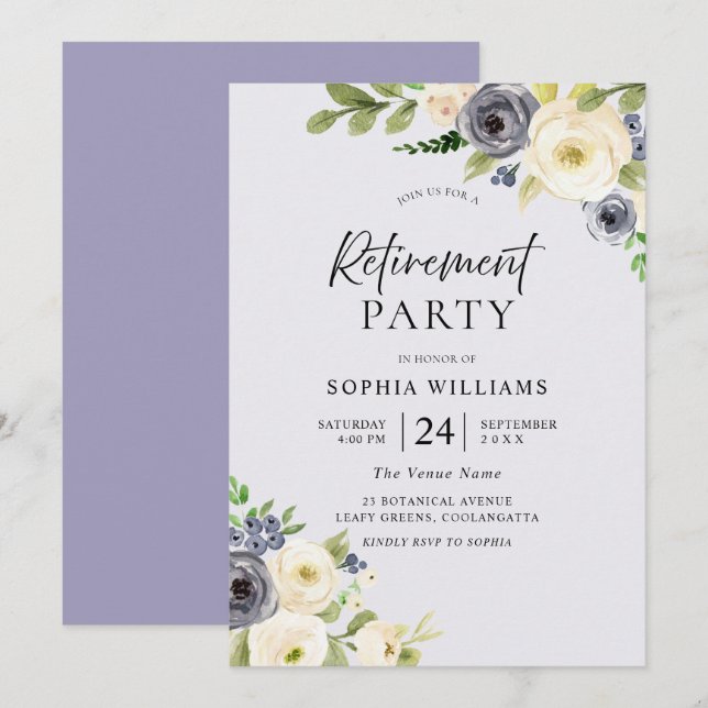 Dusty Blue Floral Navy Watercolor Retirement Party Invitation (Front/Back)