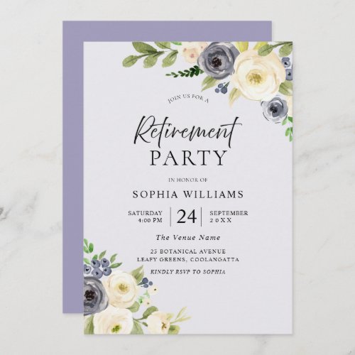 Dusty Blue Floral Navy Watercolor Retirement Party Invitation