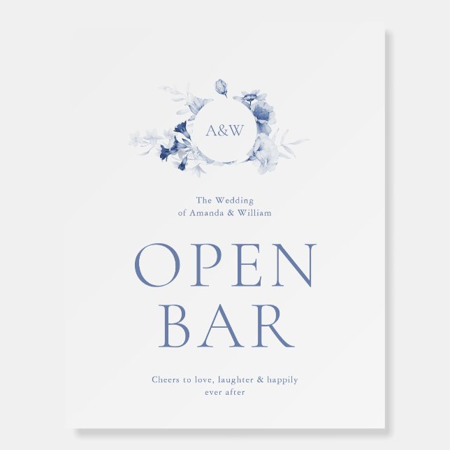 Dusty Blue Floral Open Bar Wedding Sign (Front)