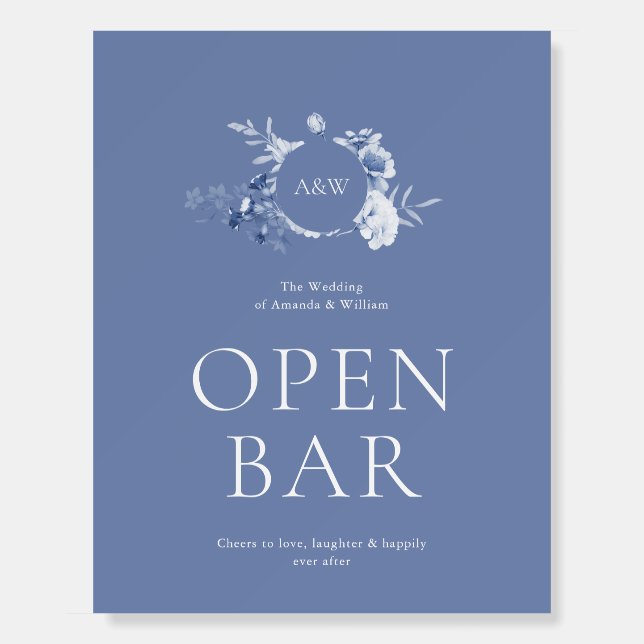 Dusty Blue Floral Open Bar Wedding Sign (Front)