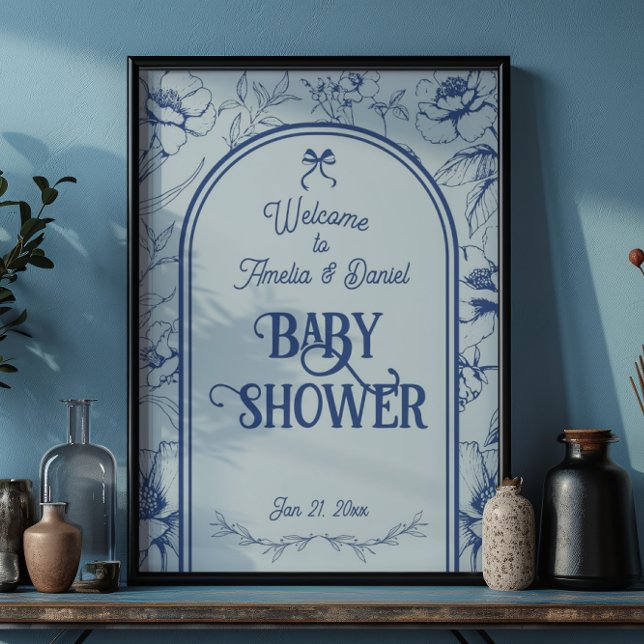 Dusty Blue Floral Ornament Classic Baby Shower Poster (Creator Uploaded)