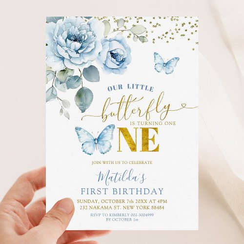 Dusty Blue Floral Our Little Butterfly Turning One Invitation