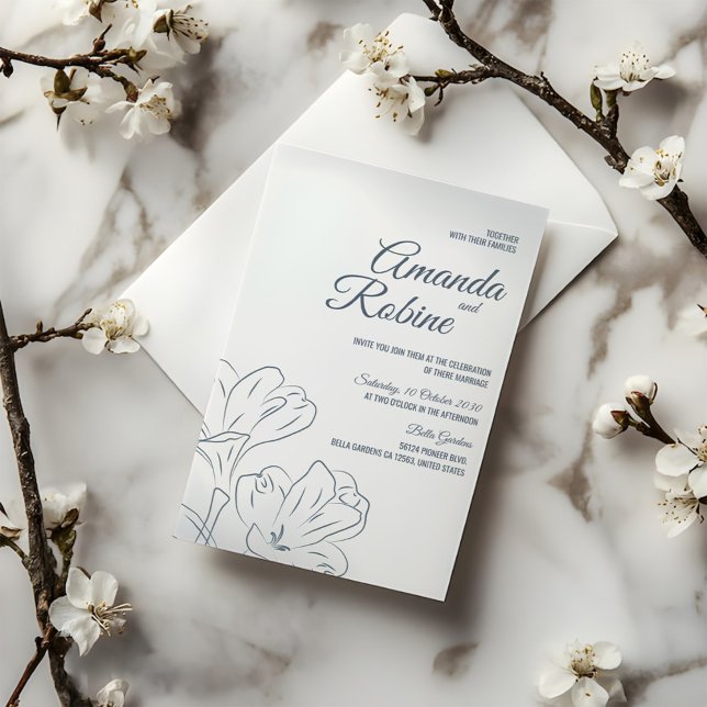 Dusty Blue Floral Outline Wedding Invitation (Creator Uploaded)