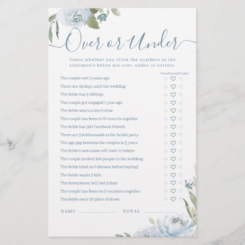 Dusty blue floral Over or Under bridal shower game