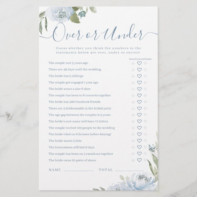 Dusty blue floral Over or Under bridal shower game (Front)