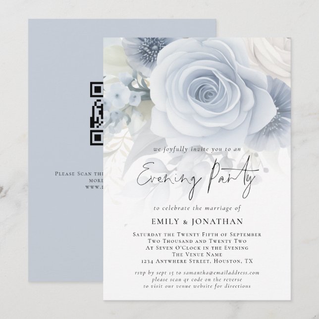 Dusty Blue Floral Overlay QR Wedding Evening Party Invitation (Front/Back)