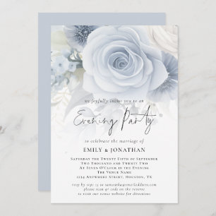 Dusty Blue Floral Overlay QR Wedding Evening Party Invitation