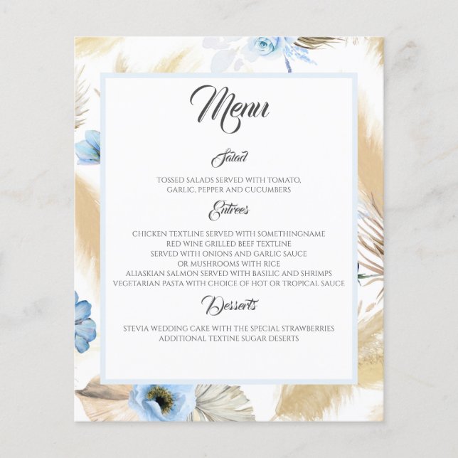 Dusty Blue Floral Pampas Grass Wedding Menu Flyer (Front)