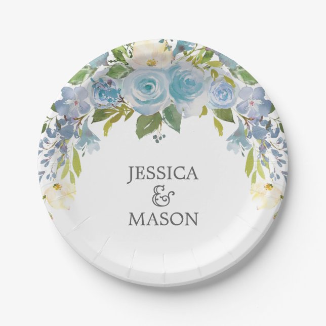 Dusty Blue Floral Paper Plate (Front)