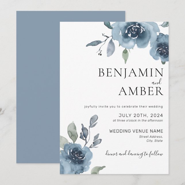 Dusty Blue Floral Pastel Boho Minimalist Wedding Invitation (Front/Back)