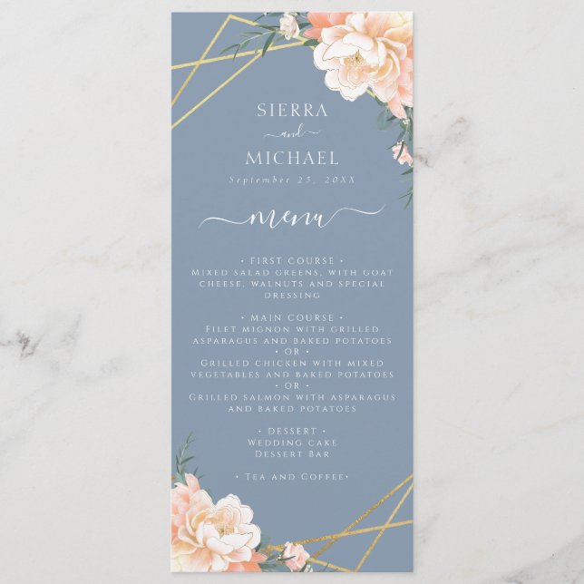 Dusty Blue Floral Peach Gold Wedding Reception Menu (Front)