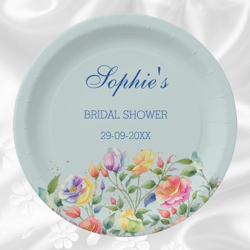 Dusty Blue Floral Peach Pink Roses Bridal Shower  Paper Plates