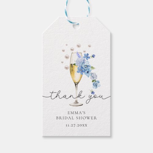 Dusty Blue Floral Pearls  Prosecco Bridal Shower Gift Tags