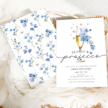 Dusty Blue Floral Pearls & Prosecco Bridal Shower Invitation by WordsandConfetti at Zazzle