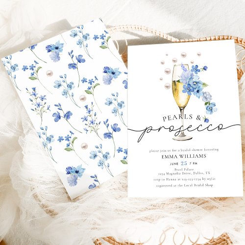 Dusty Blue Floral Pearls  Prosecco Bridal Shower Invitation