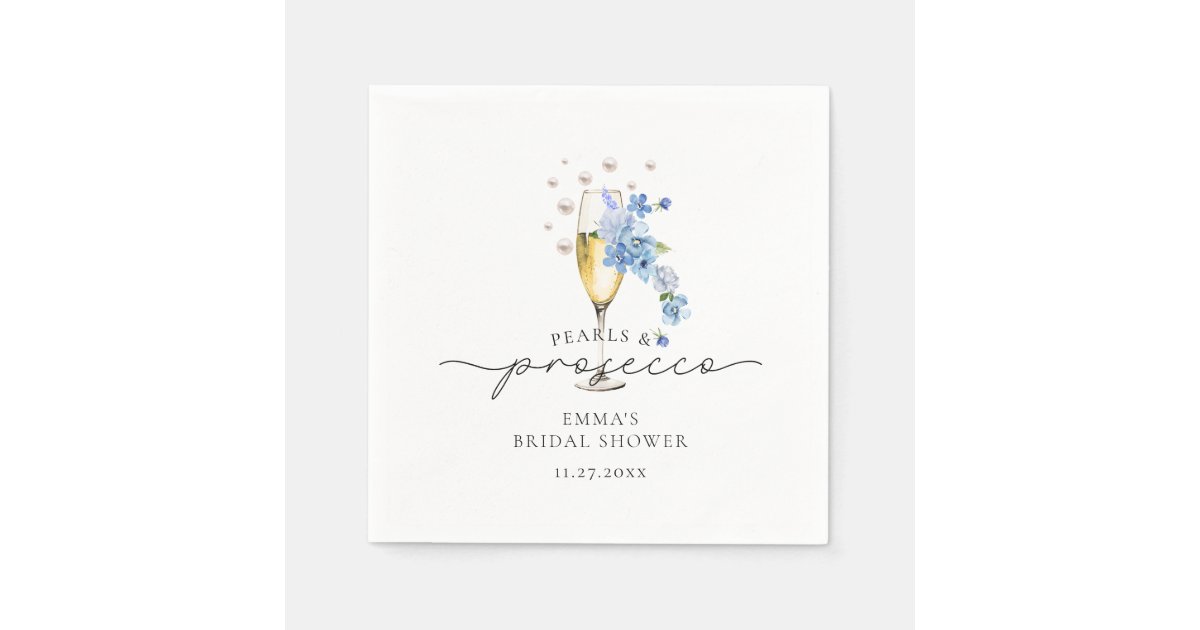 Dusty Blue Floral Pearls & Prosecco Bridal Shower Napkins | Zazzle