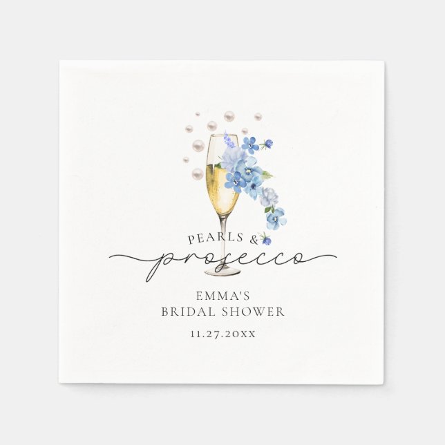 Dusty Blue Floral Pearls & Prosecco Bridal Shower Napkins (Front)