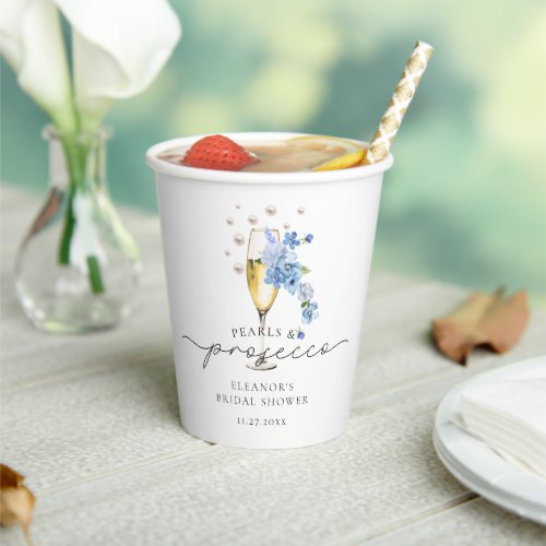 Dusty Blue Floral Pearls  Prosecco Bridal Shower Paper Cups