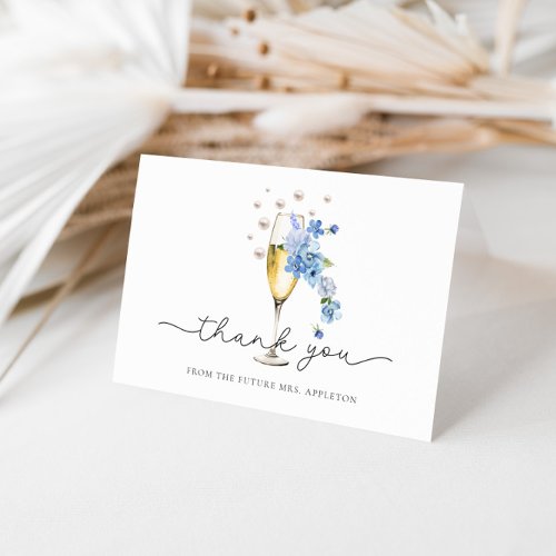 Dusty Blue Floral Pearls  Prosecco Bridal Shower Thank You Card