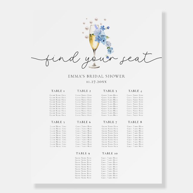 Dusty Blue Floral Pearls & Prosecco Seating Chart Foam Board (Front)