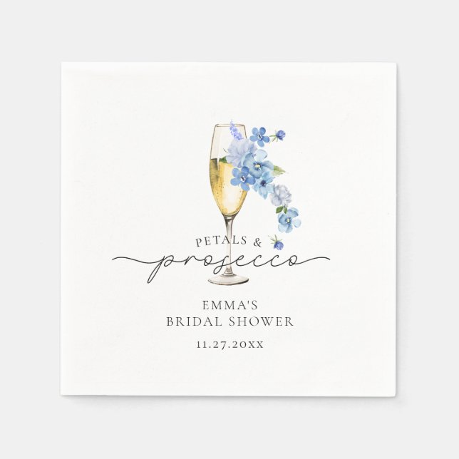 Dusty Blue Floral Petals & Prosecco Bridal Shower Napkins (Front)
