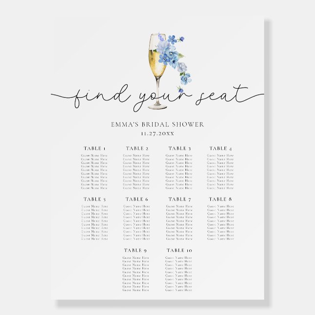 Dusty Blue Floral Petals & Prosecco Seating Chart Foam Board (Front)