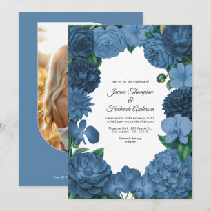 Dusty Blue Floral Photo and QR Code Wedding Invitation
