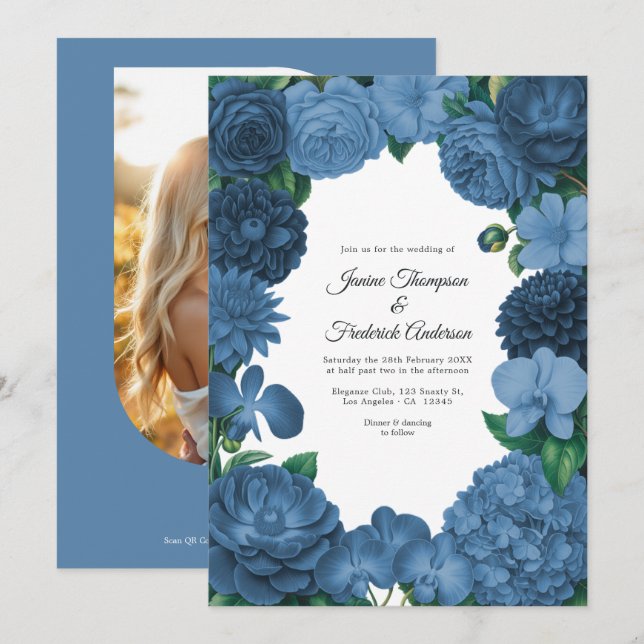 Dusty Blue Floral Photo and QR Code Wedding Invitation (Front/Back)