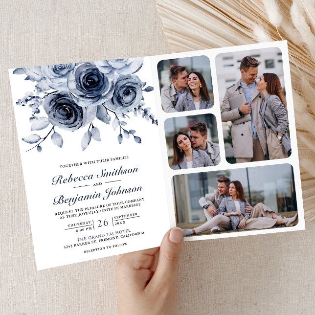Dusty Blue Floral Photo Collage QR Code Wedding Invitation (Creator Uploaded)