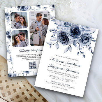 Dusty Blue Floral Photo Collage Qr Code Wedding Invitation by ShabzDesigns at Zazzle