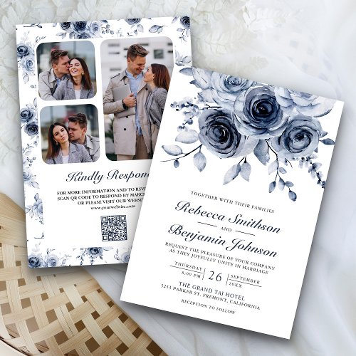 Dusty Blue Floral Photo Collage QR Code Wedding Invitation