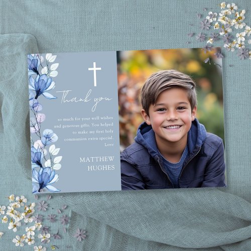 Dusty Blue Floral Photo First Holy Communion