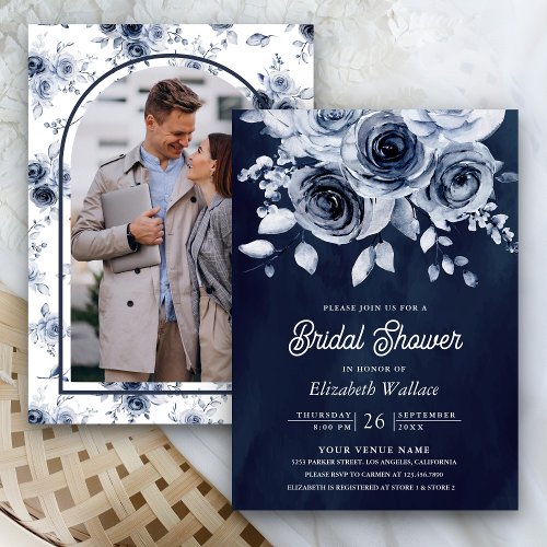 Dusty Blue Floral Photo Navy Bridal Shower Invitation