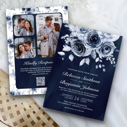Dusty Blue Floral Photo QR Code Navy Wedding Invitation