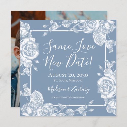 Dusty Blue Floral Photo Same Love New Date Invitation