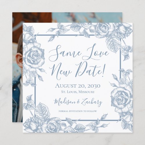 Dusty Blue Floral Photo Same Love New Date Invitation