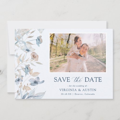Dusty Blue Floral Photo Save The Date