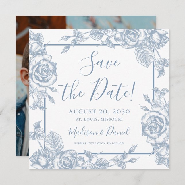 Dusty Blue Floral Photo Save the Date Invitation (Front/Back)