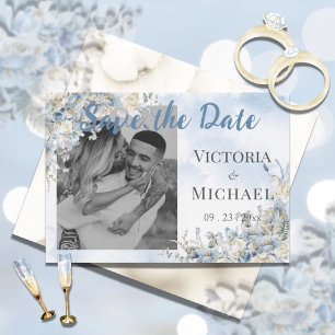 Dusty Blue Floral Photo Watercolor Wedding Save The Date
