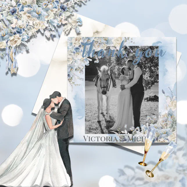 Dusty Blue Floral Photo Watercolor Wedding Thank You Card | Zazzle