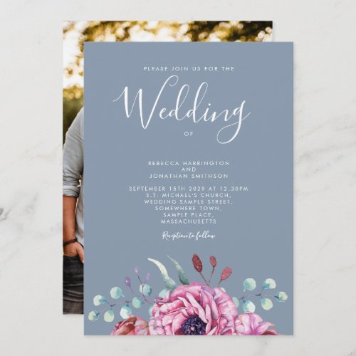 Dusty Blue Floral Photo Wedding Invitation