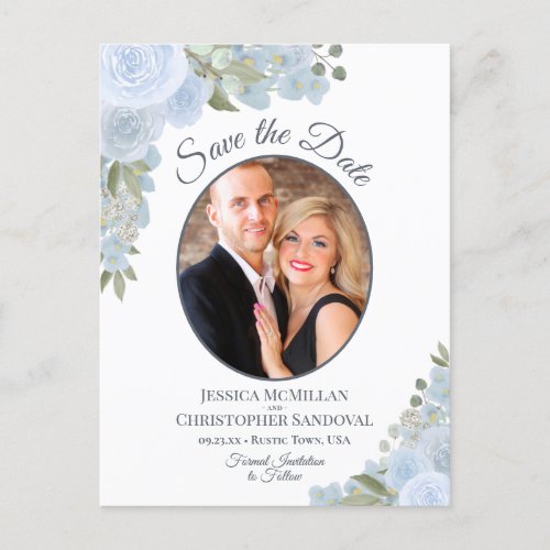 Dusty Blue Floral  Photo Wedding Save the Date Announcement Postcard