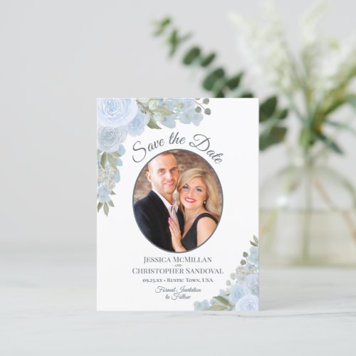 Dusty Blue Floral  Photo Wedding Save the Date Announcement Postcard