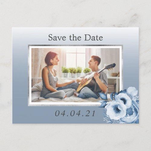 Dusty blue floral photo wedding Save the Date Announcement Postcard