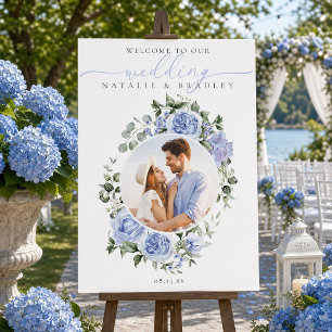 Dusty Blue Floral Photo Wedding Welcome Sign