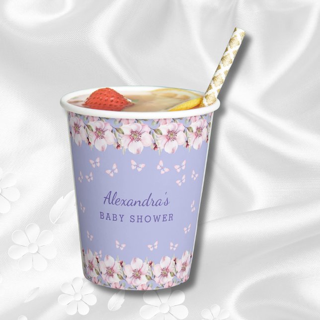 Dusty Blue Floral Pink Butterfly Baby Shower Paper Cups (Creator Uploaded)