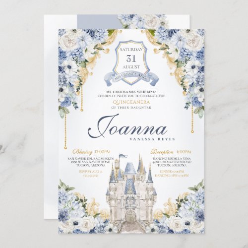 Dusty Blue Floral Princess Castle Royal Quince Invitation