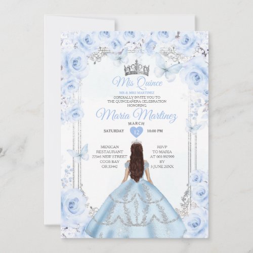 Dusty Blue Floral Princess Mis Quince 15 Anos Invitation