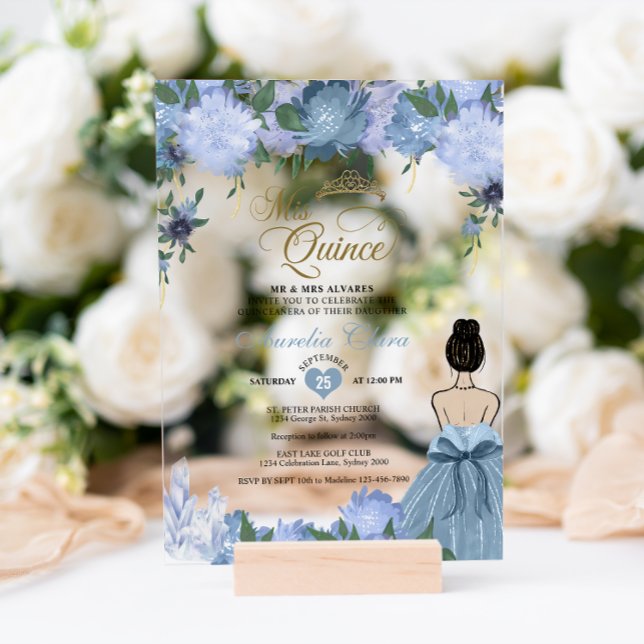 Dusty Blue Floral Princess Mis Quince Quinceañera Acrylic Invitations (Creator Uploaded)